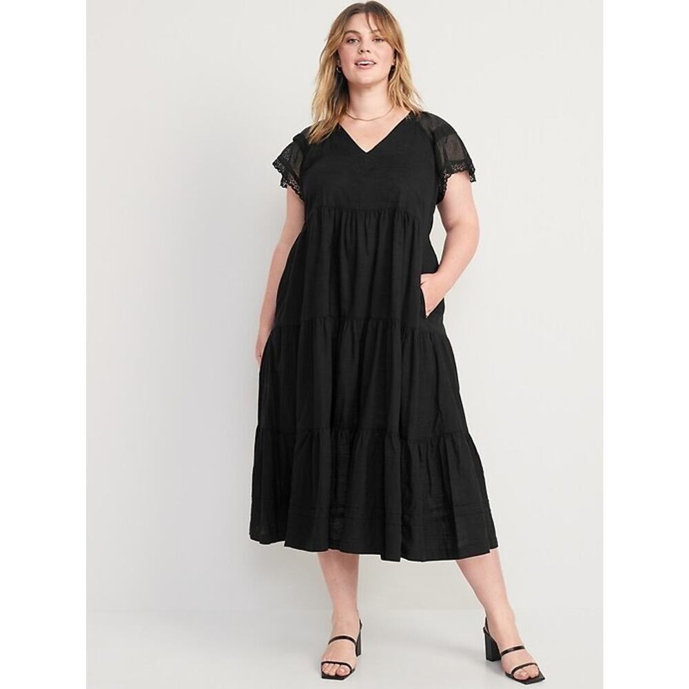 Old Navy Tie Back Maxi Swing Dress 4x Black Cottagecore Boho Tiered Prairie